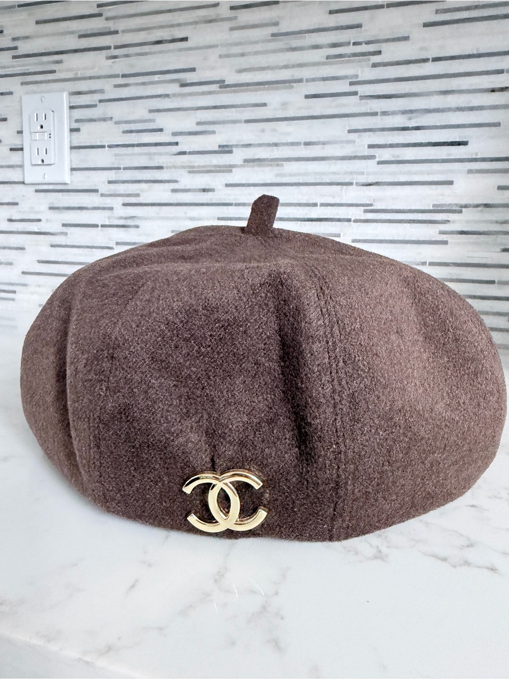Brown Wool Beret with Gold CC Logo